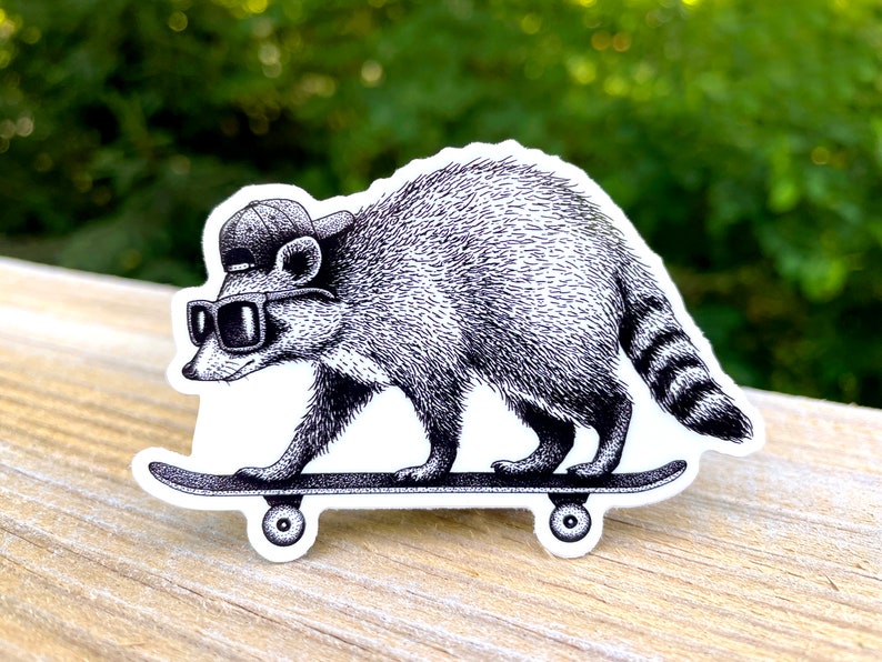 Raccoon Skateboarding Vinyl Sticker, Pen and Ink Illustration, Funny Animal and Nature Art, Black and White image 1