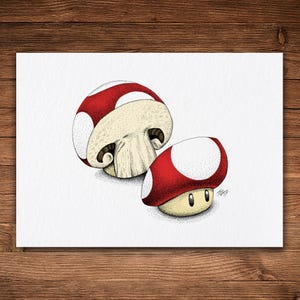 Sliced Mario Mushroom, Cartoon Pen and Ink, Video Game Art, Fun Drawing
