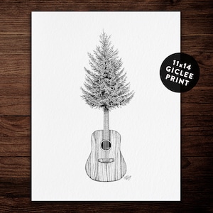 Acoustic Guitar Tree, 11 x 14 Giclee Archival Print, Pen and Ink, Whimsical Nature Art, Black and White Vintage Wall Art, Sound of Nature