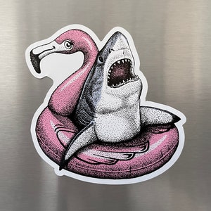 Great White Shark Magnet, Pen and Ink Illustration, Funny Animal Art, Flamingo, Vinyl Magnet