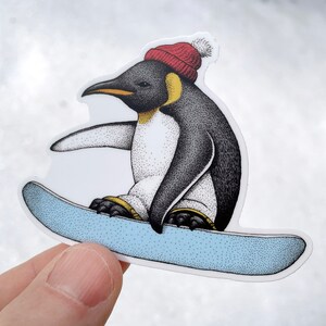Penguin Snowboarding Vinyl Sticker, Pen and Ink Illustration, Funny Animal and Nature Art