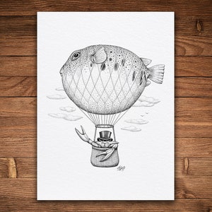 Blowfish Air Balloon, Pen and Ink Print, Funny Animal and Nature Art, Black and White, Cute Steampunk Drawing, Beach House Decor