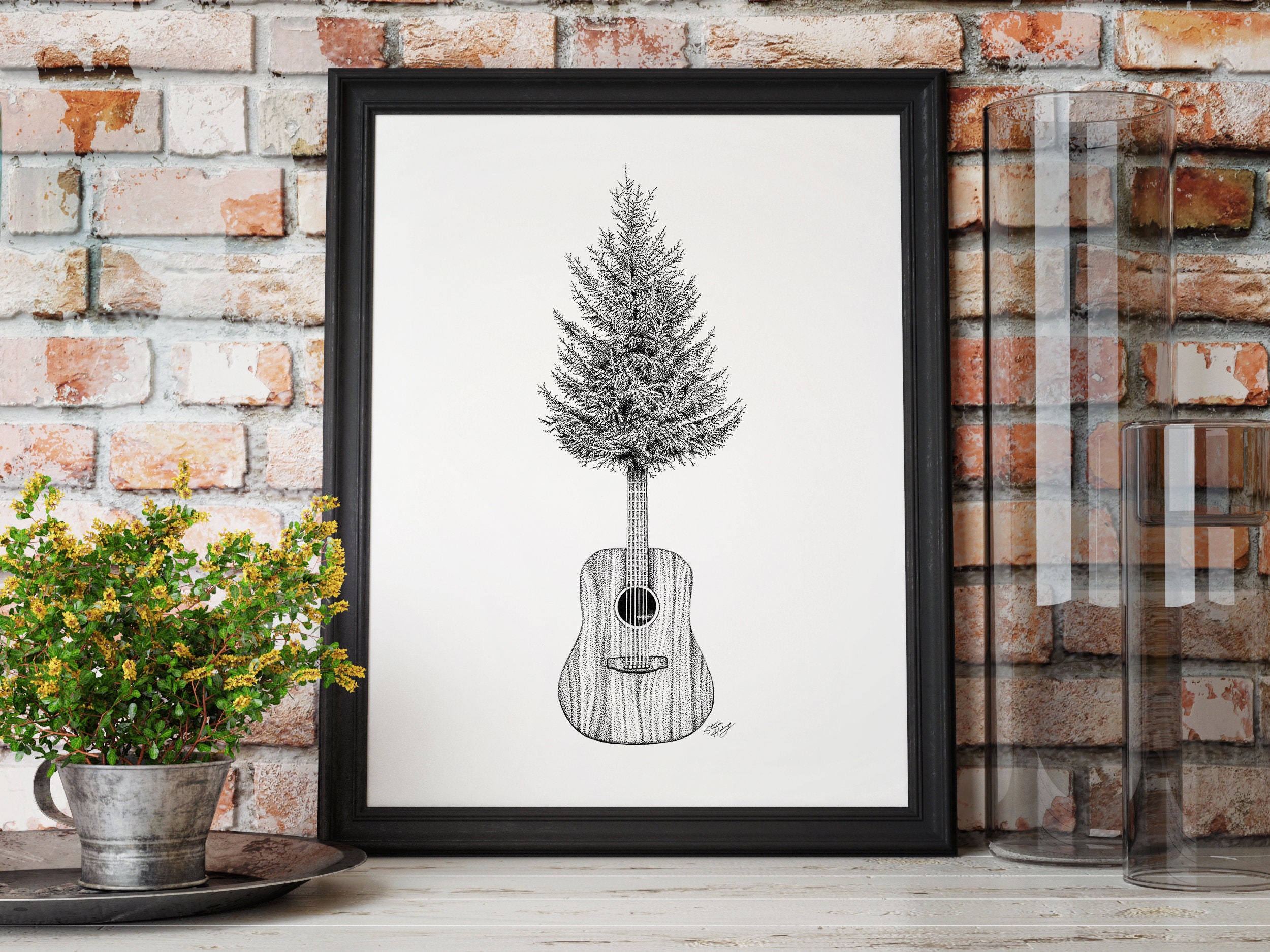 Acoustic Guitar Tree Art Print, Black and White Wall Art - Etsy