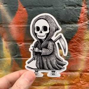 Skateboarding Grim Reaper Vinyl Sticker, Pen and Ink Illustration, Black and White Skull Art