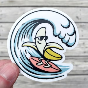 Banana Surfer Vinyl Sticker, Pen and Ink Illustration, Funny Surf Art, Cartoon