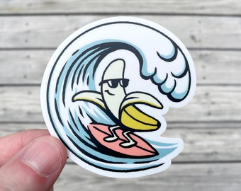 Banana Surfer Vinyl Sticker, Pen and Ink Illustration, Funny Surf Art, Cartoon