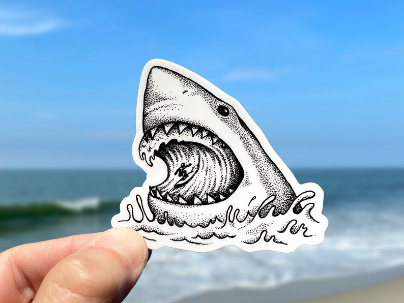 Great White Shark Wave Vinyl Sticker, Pen and Ink Illustration, Funny Animal Art, Surf Art image 1