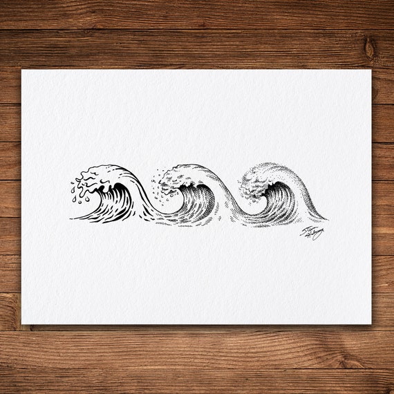 Three Ocean Waves, Pen and Ink Print, Black and White