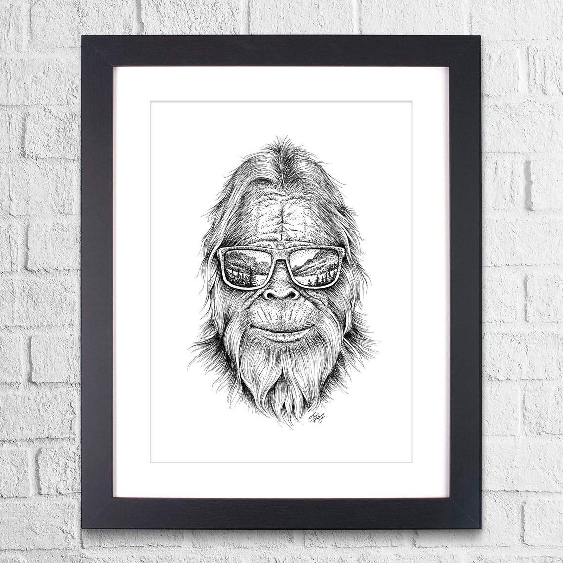Bigfoot Sunglasses Pen and Ink Print Whimsical Nature Art - Etsy