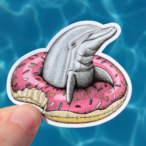 Dolphin Donut Vinyl Sticker, Pen and Ink Illustration, Funny Animal Art, Pool Float