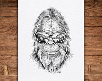 Bigfoot Sunglasses, Pen and Ink Print, Whimsical Nature Art, Black and White Vintage, Sasquatch, Mountains