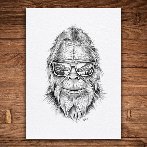 Bigfoot Sunglasses, Pen and Ink Print, Whimsical Nature Art, Black and White Vintage, Sasquatch, Mountains