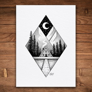 Mountain House, Pen and Ink Print, Whimsical Nature Art, Black and White Vintage, Mountain Art, A-Frame Cabin