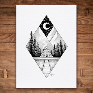 Mountain House, Impression à la plume et à l’encre, Art de la nature fantaisiste, Vintage noir et blanc, Art de la montagne, Cabine À cadre en A