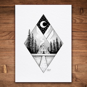 Mountain House, Pen and Ink Print, Whimsical Nature Art, Black and White Vintage, Mountain Art, A-Frame Cabin