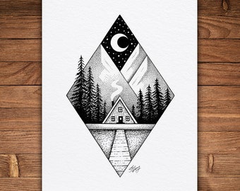 Mountain House Pen and Ink Print, Whimsical Nature Art