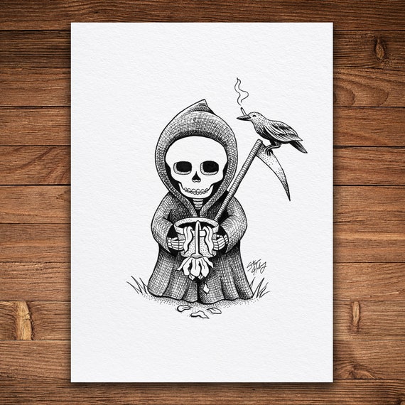 Grim Reaper Flower, Pen and Ink Print, Black and White, Spooky Cute,  Gothic, Macabre, Skull Art - Etsy