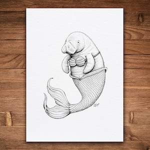 Manatee Mermaid, Pen and Ink Print, Funny Animal and Nature Art, Black and White Vintage, Cute Drawing