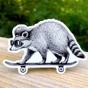 Raccoon Skateboarding Vinyl Sticker, Pen and Ink Illustration, Funny Animal and Nature Art, Black and White