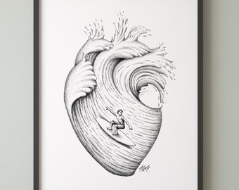 Surfer Heart Ocean Wave Print: Whimsical Black and White Art - Etsy
