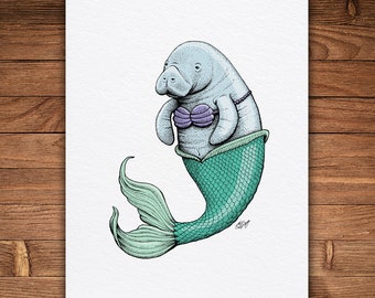 Manatee Mermaid, Color Version, Pen and Ink Print, Funny Animal and Nature Art, Vintage, Cute Drawing