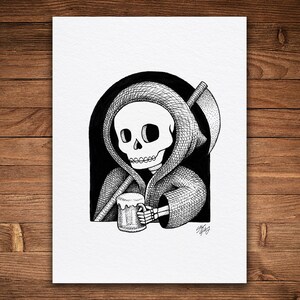 Grim Reaper Beer Drinker, Pen and Ink Print, Black and White, Skull Art, Funny, Spooky Cute, Gothic, Macabre, Black Humor