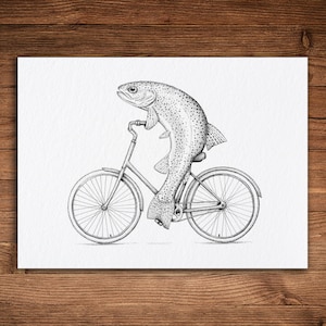 Rainbow Bike Trout, Pen and Ink Print, Funny Animal and Nature Art, Black and White Vintage, Fishing