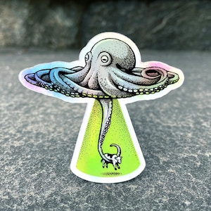 Octopus UFO Hologram Vinyl Sticker, Pen and Ink Illustration, Funny Animal and Nature Art, Alien image 1