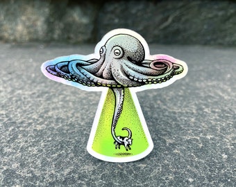 Octopus UFO Hologram Vinyl Sticker, Pen and Ink Illustration, Funny Animal and Nature Art, Alien