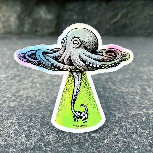 Octopus UFO Hologram Vinyl Sticker, Pen and Ink Illustration, Funny Animal and Nature Art, Alien