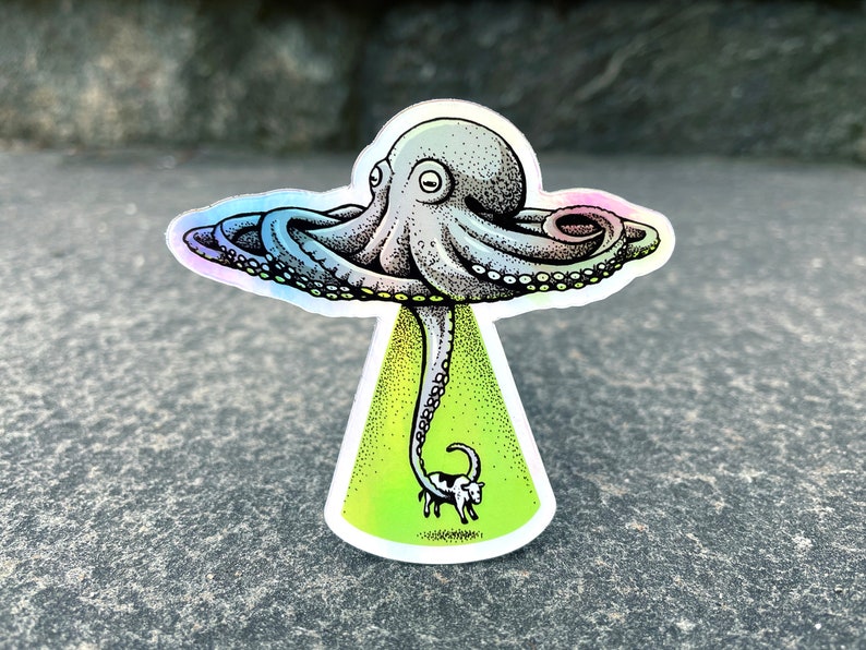 Octopus UFO Hologram Vinyl Sticker, Pen and Ink Illustration, Funny Animal and Nature Art, Alien image 1