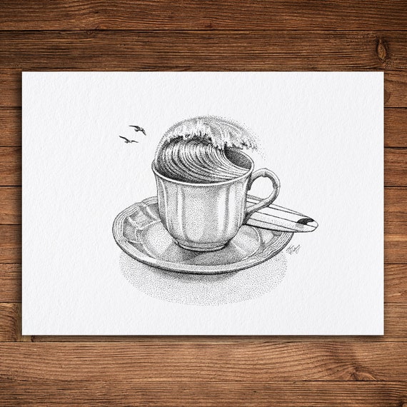 Coffee Cup Wave Pen and Ink Print Black and White Vintage Etsy