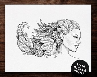 Woman with Beer Hop Hair, 11 x 14 Giclee Archival Print, Pen and Ink, Beer Art, Black and White Vintage Wall Decor