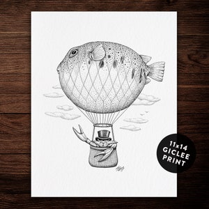 Blowfish Air Balloon, 11 x 14 Giclee Archival Print, Funny Animal and Nature Art, Black and White Vintage, Cute Drawing, Steampunk, Crab