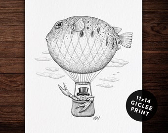 Blowfish Air Balloon, 11 x 14 Giclee Archival Print, Funny Animal and Nature Art, Black and White Vintage, Cute Drawing, Steampunk, Crab