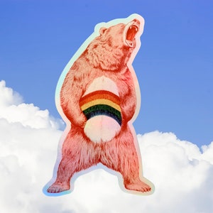 Rainbow Bear Holographic Vinyl Sticker, Pen and Ink Illustration, 1980s Cartoon