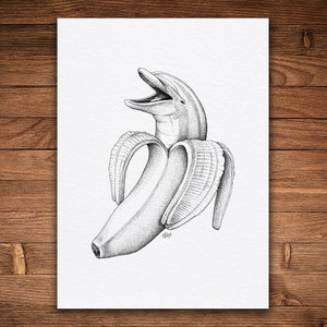 Dolphin Banana, Pen and Ink Print, Funny Animal and Nature Art, Black and White Vintage, Cute Drawing