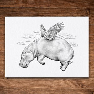 Hippogriff, Pen and Ink Print, Black and White Vintage Art, Funny Animal, Fantasy Art, Flying Hippo
