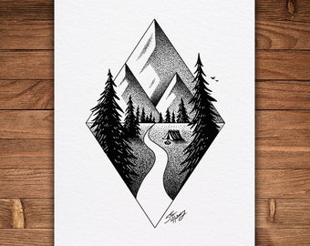 Mountain Path, Pen and Ink Print, Whimsical Nature Art, Black and White Vintage, Mountain Art, Tent in Woods