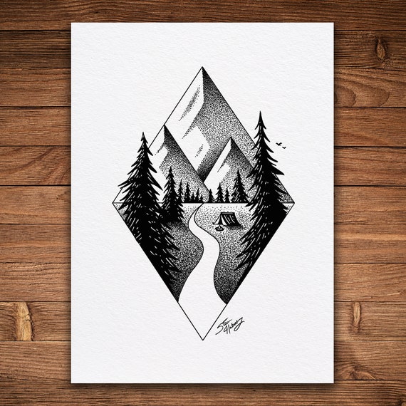 Mountain Path, Pen and Ink Print, Whimsical Nature Art, Black and