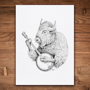 Banjo Bison, Pen and Ink Print, Funny Animal and Nature Art, Black and White Vintage, Wall Art, Music