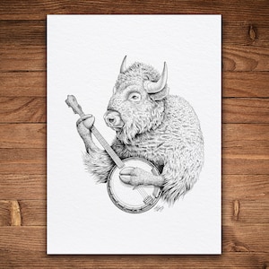 Banjo Bison, Pen and Ink Print, Funny Animal and Nature Art, Black and White Vintage, Wall Art, Music