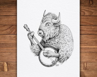 Banjo Bison, Pen and Ink Print, Funny Animal and Nature Art, Black and White Vintage, Wall Art, Music