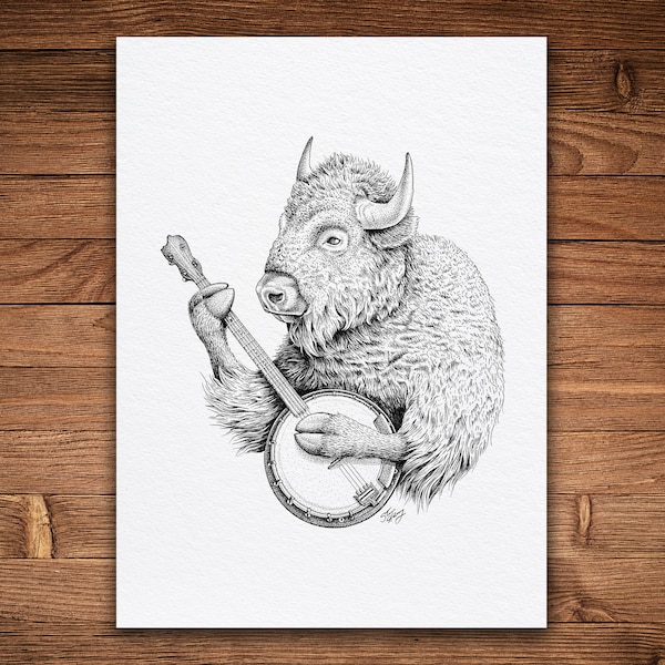 Banjo Bison, Pen and Ink Print, Funny Animal and Nature Art, Black and White Vintage, Wall Art, Music