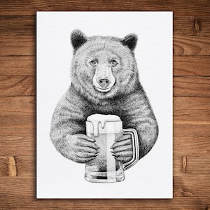 Bear Drinking Beer Art Print, Pen and Ink Drawing, Unique Gift for Craft Beer Enthusiasts
