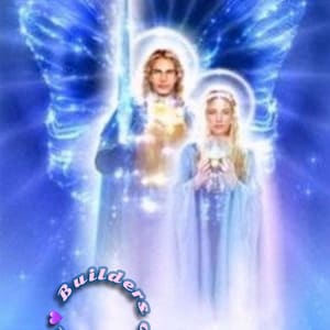 May include: A digital illustration featuring two figures with glowing blue wings and halos, set against a radiant blue background. The figure on the left holds a vertical sword, while the figure on the right holds a chalice. Text reads Builders of Avalon.