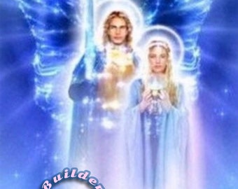 May include: A digital illustration featuring two figures with glowing blue wings and halos, set against a radiant blue background. The figure on the left holds a vertical sword, while the figure on the right holds a chalice. Text reads Builders of Avalon.