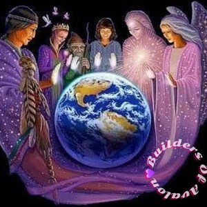 May include: A circular illustration featuring a central globe surrounded by six figures, including an elder in a purple cloak, a crowned figure, a gnome, a person with glowing hands, and two winged angels. The text Builders of Avalon is visible.