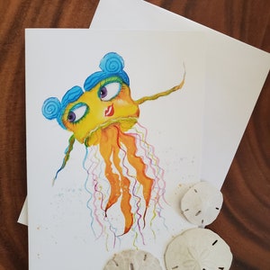 Set of Three, Whimsical Jellyfish Blank Greeting Card, Frame-able