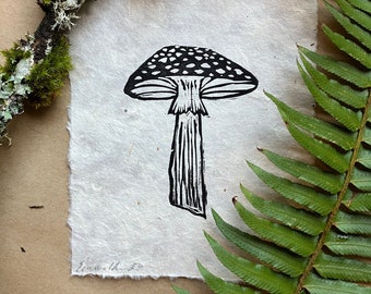 Hand-carved Hand-printed Linocut Mushroom Prints, Block Print Wall Art